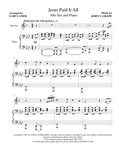 JESUS PAID IT ALL (Alt Sax and Piano with Alt Sax Part) (arr. Gary Lanier)
