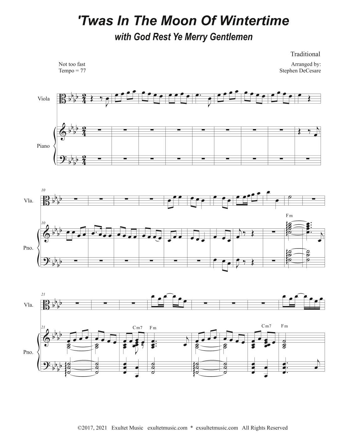 'Twas In The Moon Of Wintertime (with "God Rest Ye Merry Gentlemen") (Viola solo and Piano) (arr. Stephen DeCesare)