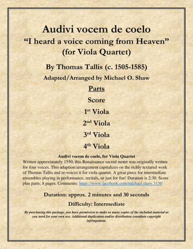 Audivi vocem de coelo "I heard a voice coming from Heaven" by Thomas Tallis for Viola Quartet (arr. Michael O. Shaw)