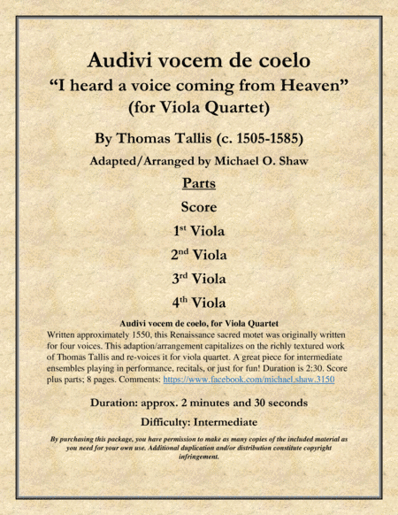 Audivi vocem de coelo "I heard a voice coming from Heaven" by Thomas Tallis for Viola Quartet (arr. Michael O. Shaw)