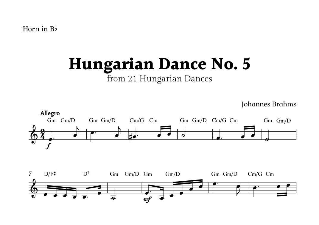 Hungarian Dance No. 5 by Brahms for B- Flat Horn Solo with Chords (arr. Rika K.)