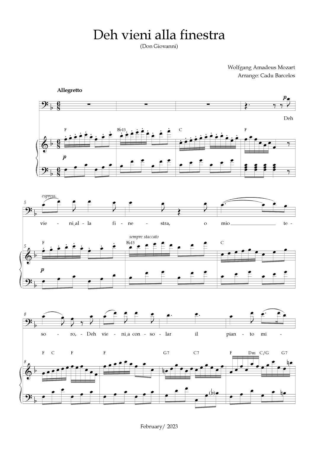 Deh vieni alla finestra (Don Giovanni) Mozart - F Major Chords (BARITONE) (arr. Cadu Barcelos)