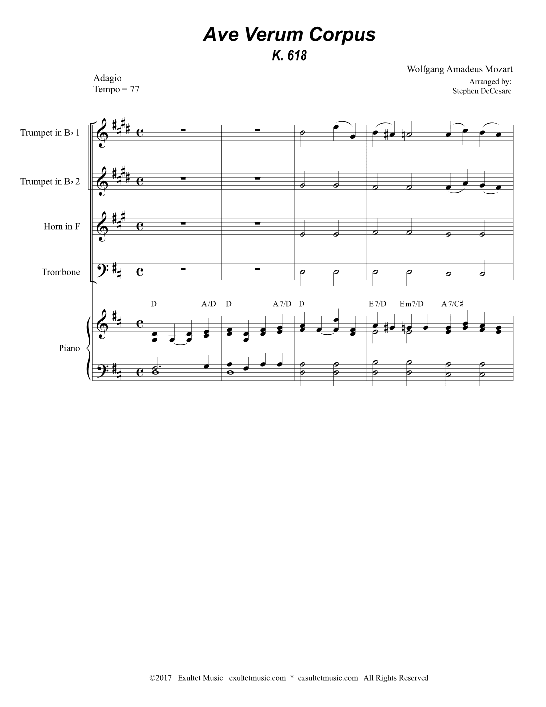 Ave Verum Corpus (Brass Quartet - Piano accompaniment) (arr. Stephen DeCesare)