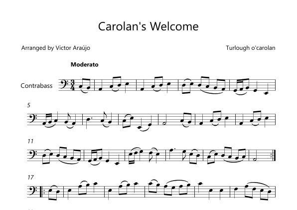 Carolan's Welcome - Lead Sheet for Double Bass with Chord Symbols (arr. Arezzo Music)