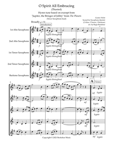 O Spirit All-Embracing (Thaxted) (Bb) (Saxophone Quintet - 2 Alto, 2 Tenor, 1 Bari) (Tenor lead) (arr. Regis Bookshar)