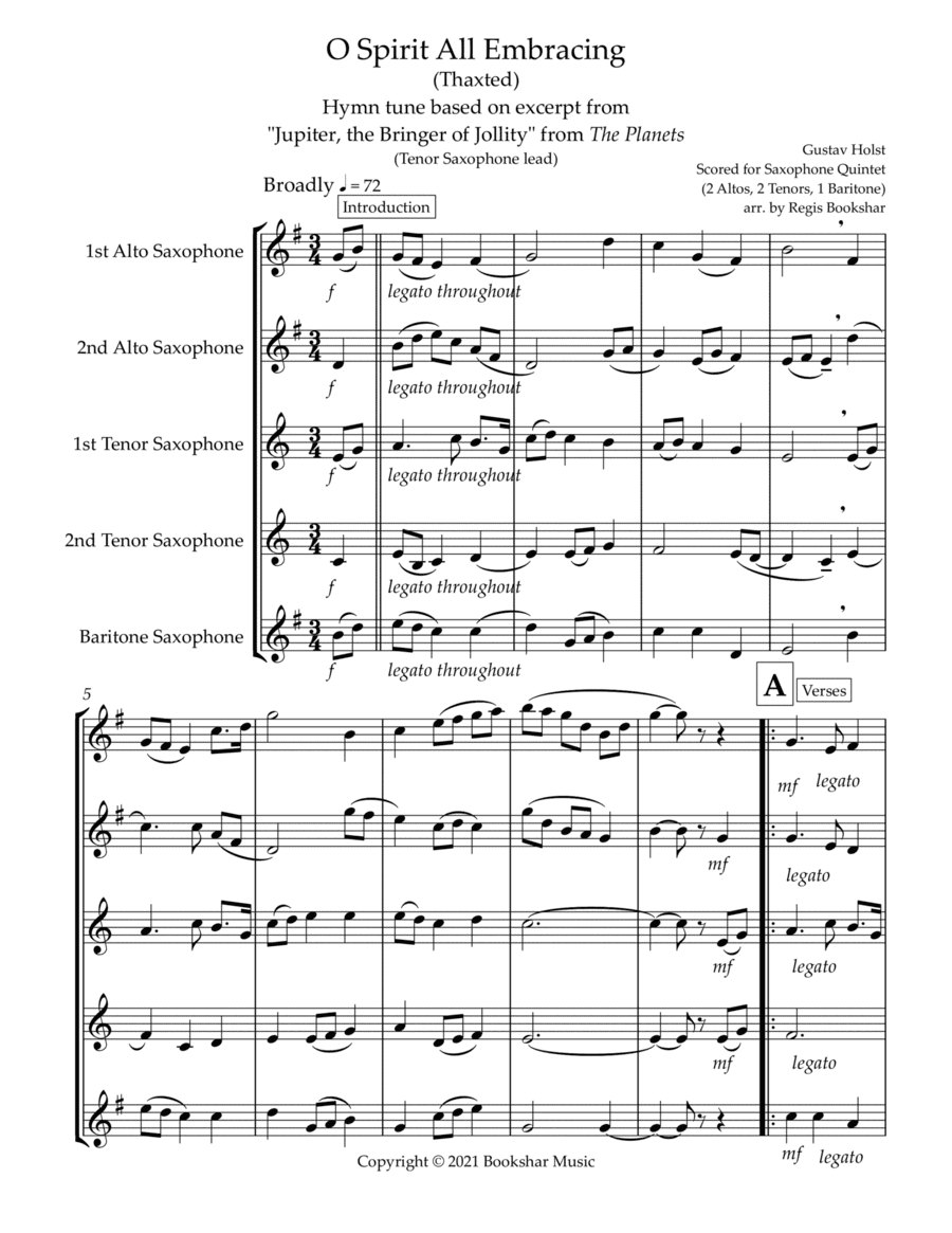 O Spirit All-Embracing (Thaxted) (Bb) (Saxophone Quintet - 2 Alto, 2 Tenor, 1 Bari) (Tenor lead) (arr. Regis Bookshar)