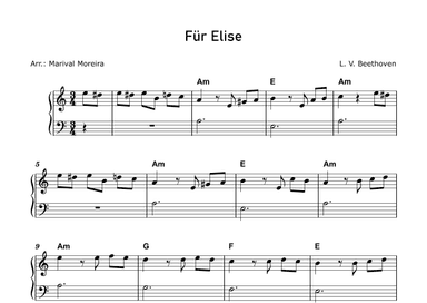 Fur Elise - Beethoven - Beginner piano (Score and Chords) (arr. Marival Moreira)