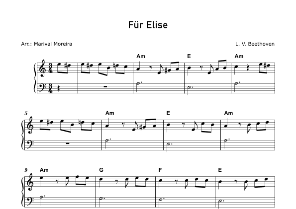 Fur Elise - Beethoven - Beginner piano (Score and Chords) (arr. Marival Moreira)