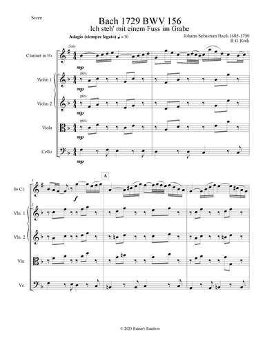 Bach 1729 BWV 156 Adagio for Solo Bb Clarinet Strings Parts and Score (arr. R G Roth)