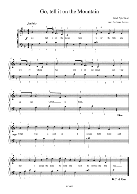 Go, tell it on the Mountain easy piano with lyrics & fingering (arr. Barbara Arens)