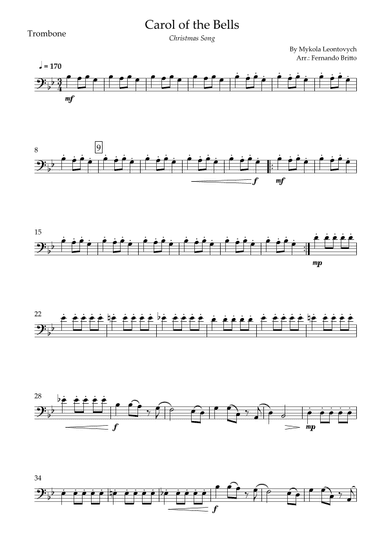 Carol of the Bells in Jazz Version (Christmas Song) for Trombone Solo (arr. Fabio Britto)
