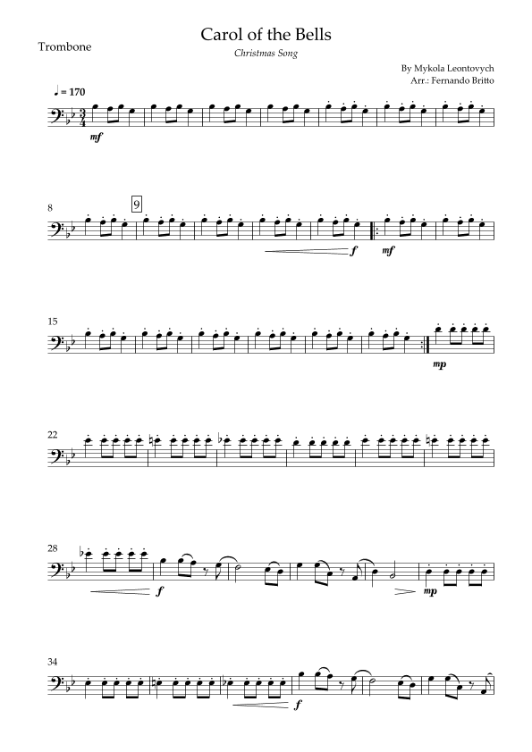 Carol of the Bells in Jazz Version (Christmas Song) for Trombone Solo (arr. Fabio Britto)