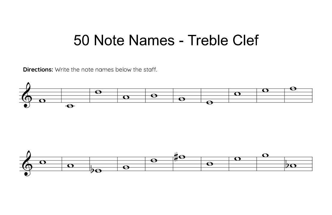 50 Note Names - Treble Clef (Reproducible Music Theory Worksheet)