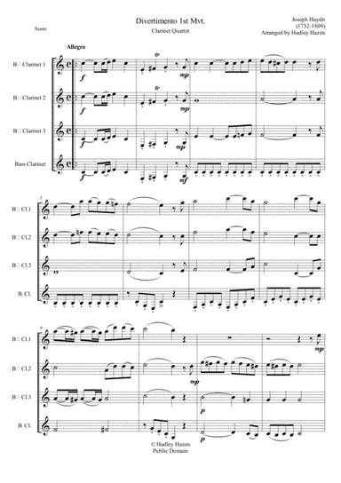 Divertimento Mtv. 1  in Bb for Clarinet Quartet (arr. Hadley J. Hazen)