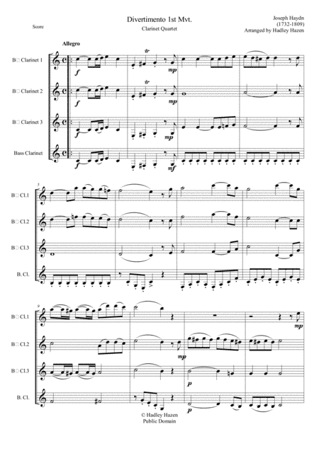 Divertimento Mtv. 1  in Bb for Clarinet Quartet (arr. Hadley J. Hazen)