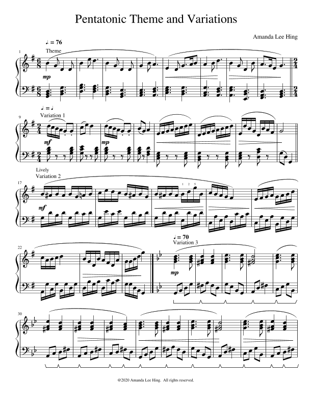 Pentatonic Theme and Variations for solo piano (composed by Amanda Lee Hing)
