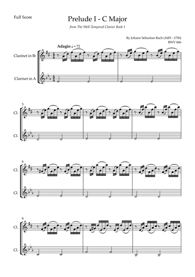 Prelude 1 in C Major BWV 846 (from Well-Tempered Clavier Book 1) for Clarinet in Bb & Clarinet in A (arr. Fabio Britto)
