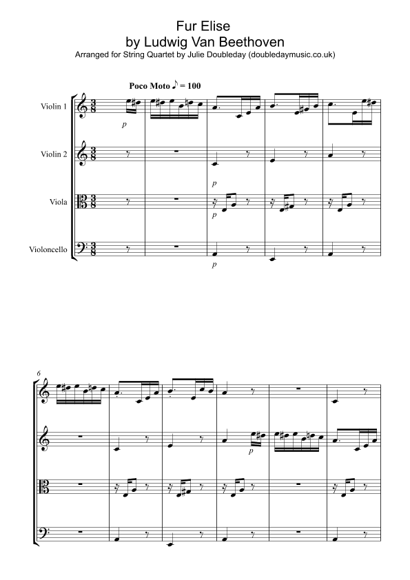 Beethoven: Fur Elise for String Quartet - Score and Parts (arr. Julie Doubleday)