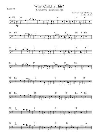 What Child is This? - Greensleeves (Christmas Song) for Bassoon Solo with Chords (arr. Fabio Britto)