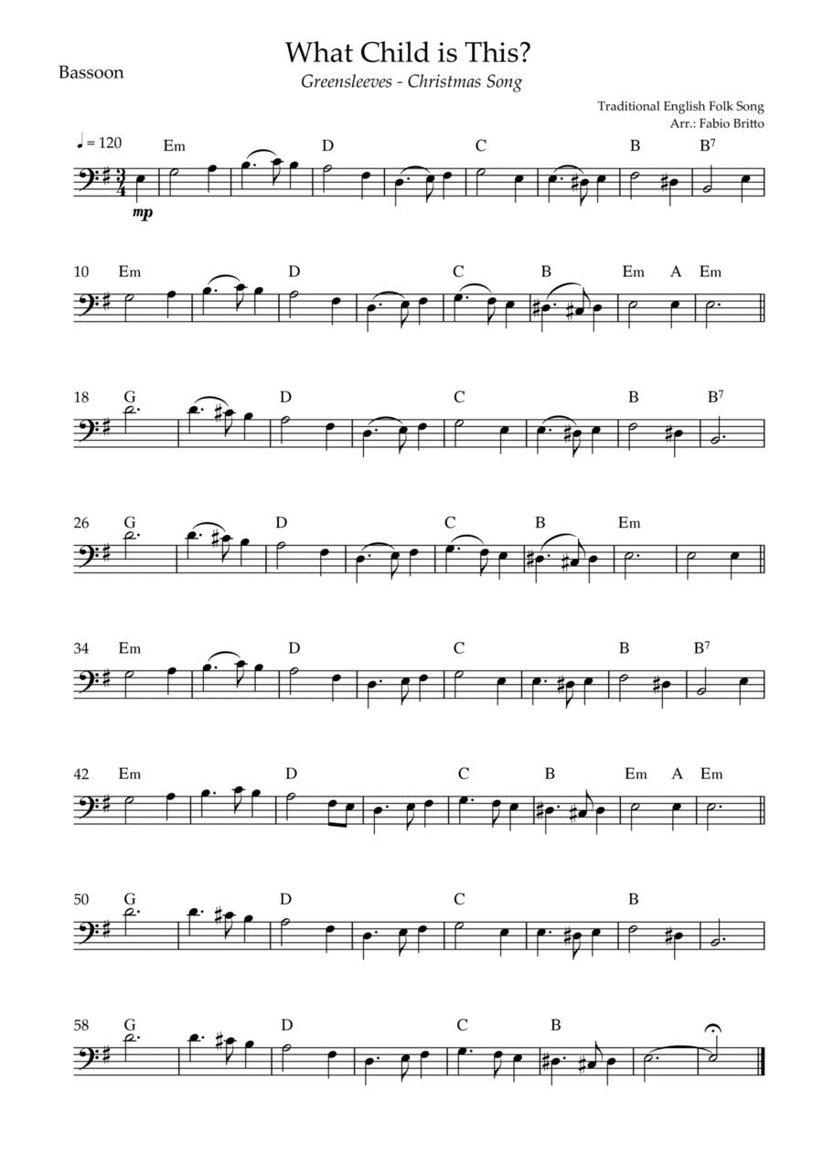 What Child is This? - Greensleeves (Christmas Song) for Bassoon Solo with Chords (arr. Fabio Britto)
