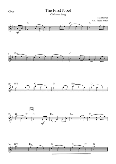 The First Noel (Christmas Song) for Oboe Solo with Chords (arr. Fabio Britto)