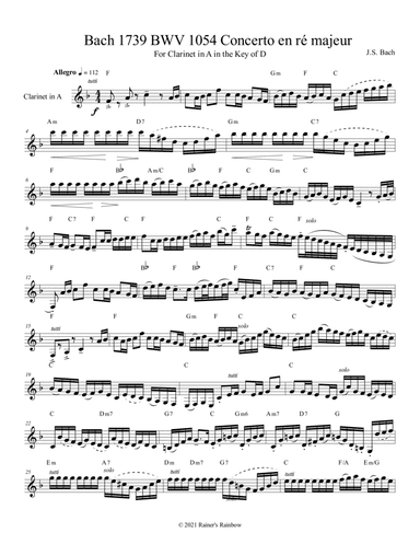 Bach 1739 BWV 1054 Concerto en ré majeur For Solo Unaccompanied A Clarinet Key of D (arr. Rainer Grant Roth)