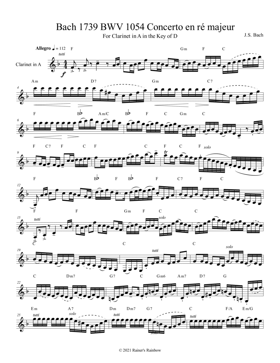 Bach 1739 BWV 1054 Concerto en ré majeur For Solo Unaccompanied A Clarinet Key of D (arr. Rainer Grant Roth)