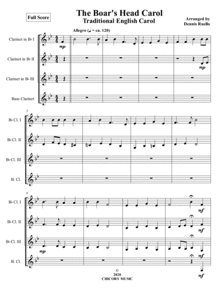 The Boar's Head Carol - Clarinet Quartet (SSSB) - Intermediate (arr. Dennis Ruello)
