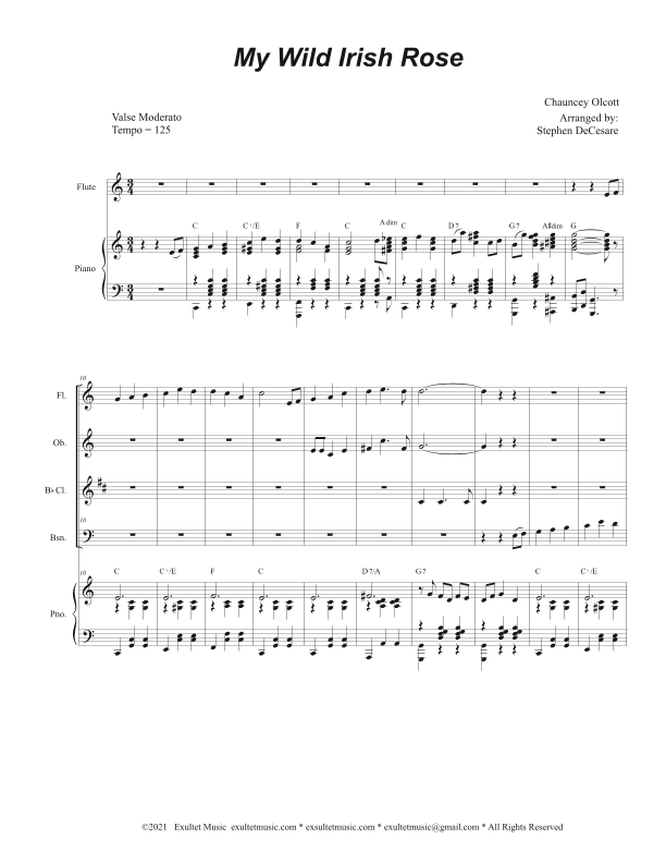 My Wild Irish Rose (Woodwind Quartet and Piano) (arr. Stephen DeCesare)