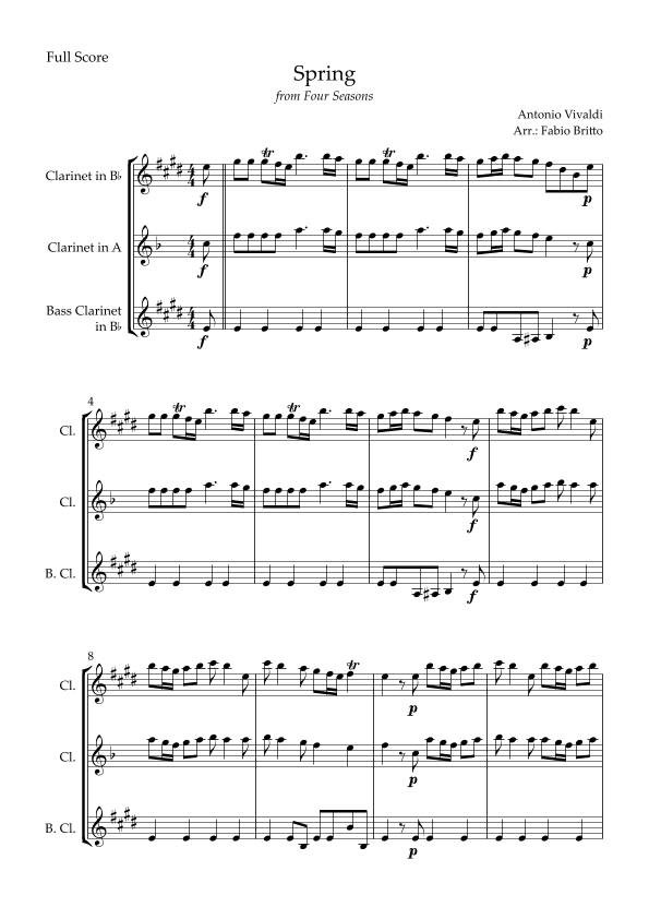 Spring (from Four Seasons of Antonio Vivaldi) for Clarinet Trio (arr. Fabio Britto)