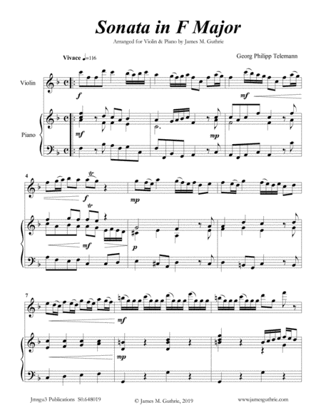 Telemann: Sonata in F Major for Violin & Piano (arr. James M. Guthrie, ASCAP)