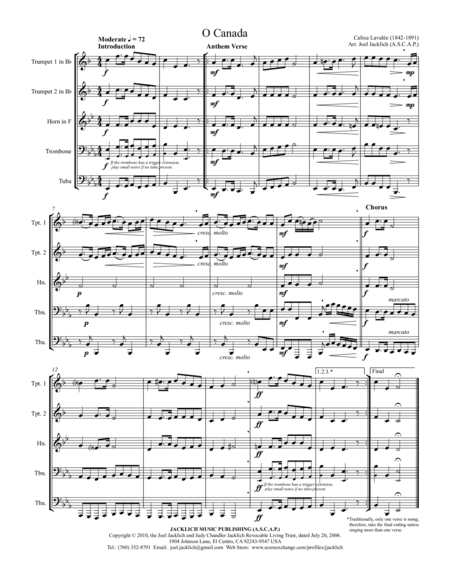 O Canada (Brass Quintet or Brass Quartet) (arr. Joel Jacklich (ASCAP))