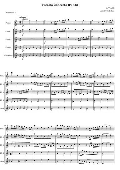 Vivaldi - Piccolo Concerto RV 443 - First movement - version for Flute Quintet or Flute Choir (arr. Frederic Colledani)