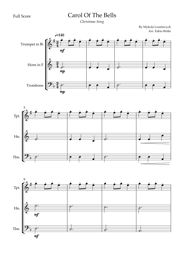 Carol Of The Bells (Christmas Song) for Brass Trio (arr. Fabio Britto)