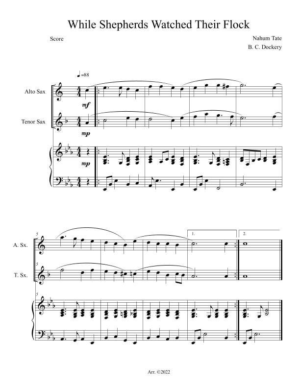 While Shepherds Watched Their Flock (Alto and Tenor Sax Duet with Piano Accompaniment) (arr. B. C. Dockery)