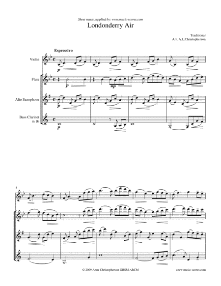 Londonderry Air - Violin, Flute, Alto Sax, Bass Clarinet (arr. Anne L Christopherson GRSM ARCM)