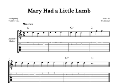 Mary Had a Little Lamb - Easy Guitar (with TAB, Chord) (arr. Yuri Noronha)