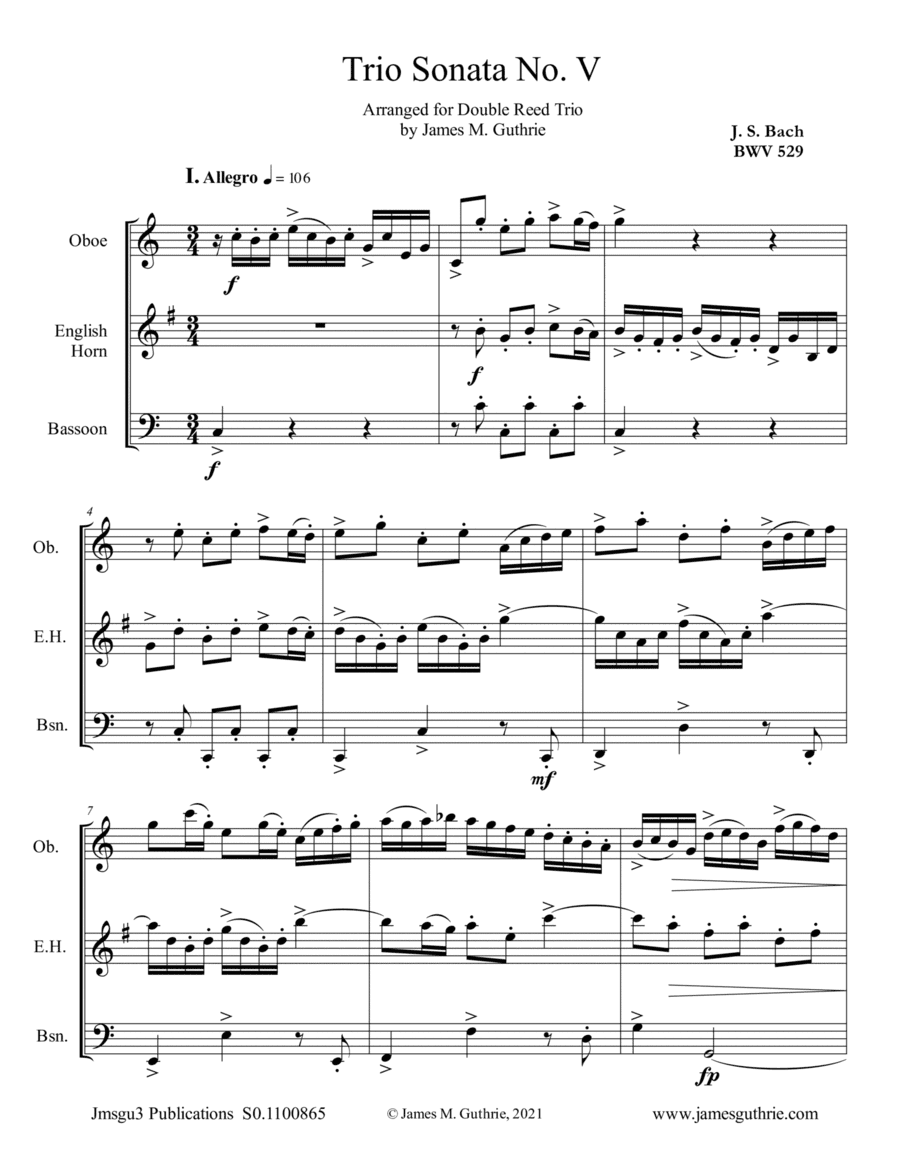 BACH: Trio Sonata No. 5 BWV 529 for Double Reed Trio (arr. James M. Guthrie)