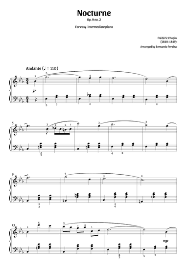 Nocturne Op. 9 no. 2 (easy-intermediate piano – clean with fingering) (arr. Bernardo Pereira)