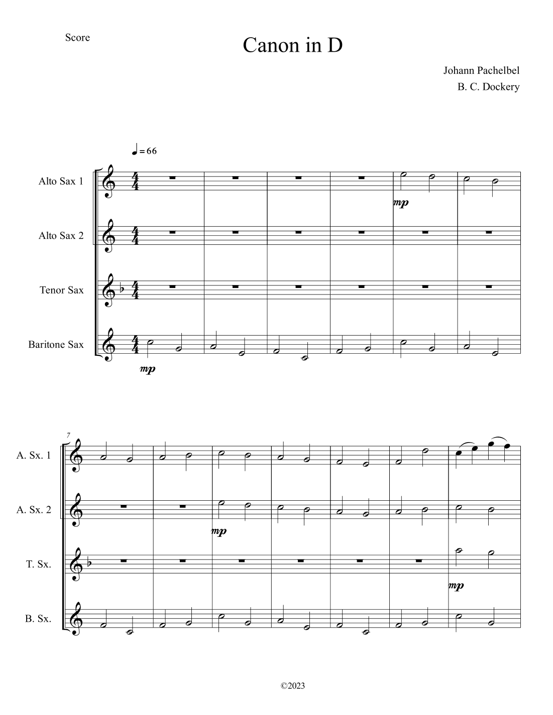 Canon in D (Saxophone Quartet) (arr. B. C. Dockery)