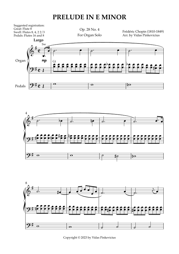 Prelude in E Minor, Op. 28 No. 4 (arr. for Organ Solo) by Fre´de´ric Chopin (arr. Vidas Pinkevicius)