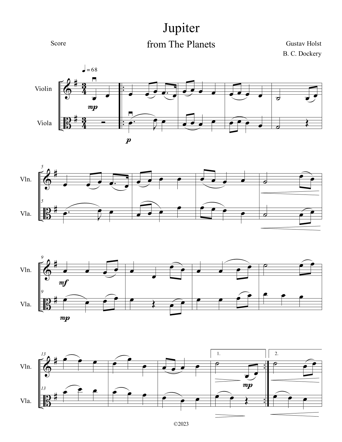 Jupiter (from The Planets) for Violin and Viola Duet (arr. B. C. Dockery)