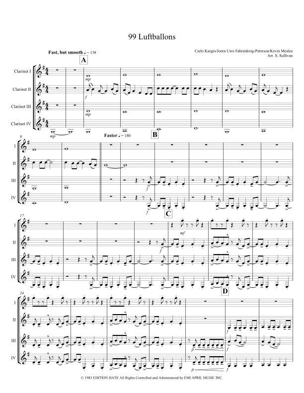 99 Red Balloons (99 Luftballons) (arr. Sean Sullivan)