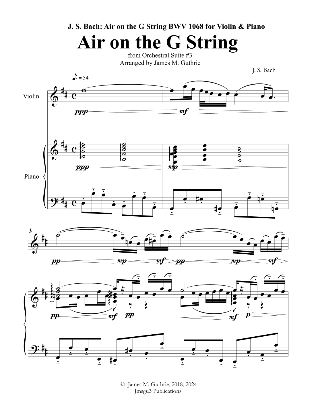 Bach: Air on a G String for Violin & Piano (arr. James M. Guthrie, ASCAP)