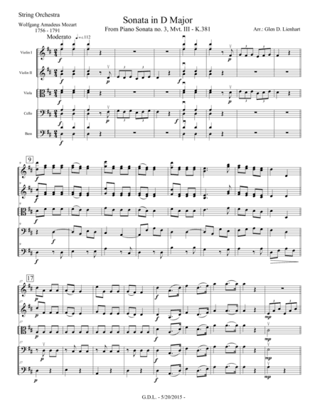 Sonata no. 3 in D Major K.381 (arr. Glen D. Lienhart)