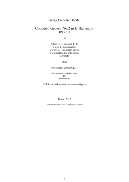 Handel - Concerto Grosso No.2 Op.3 in B flat major HWV 313 for Winds, Strings and Continuo (arr. Santino Cara)