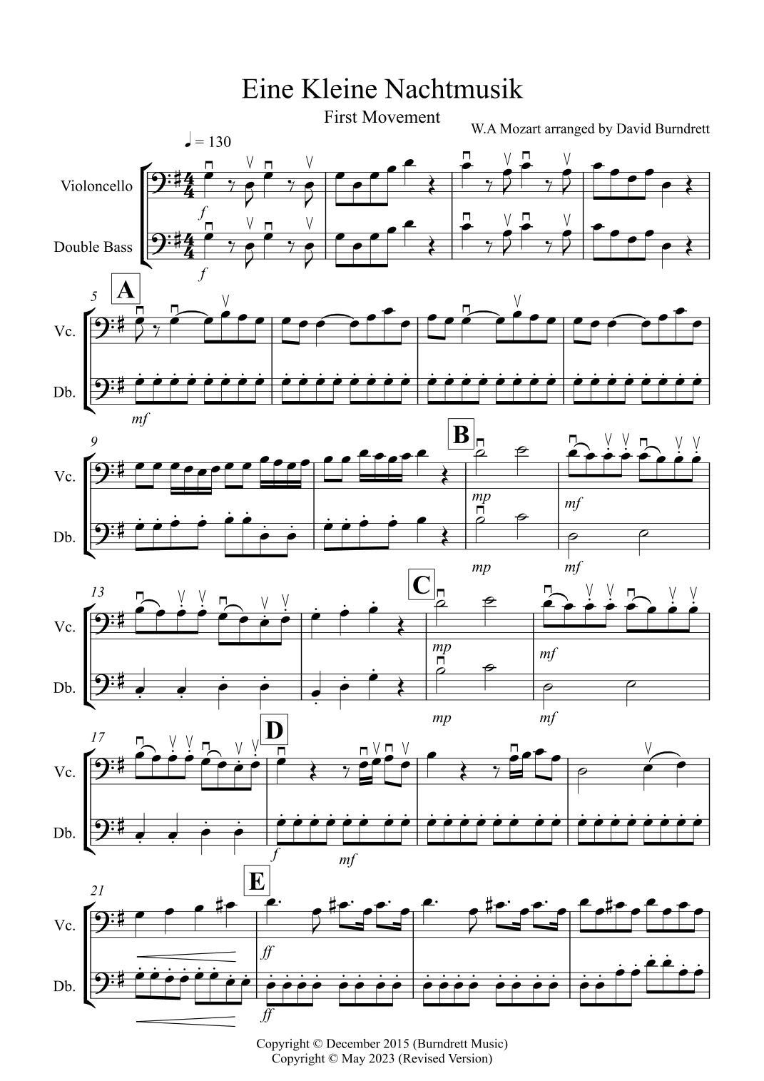 Eine Kleine Nachtmusik (1st movement) for Cello and Double Bass Duet (arr. David Burndrett)