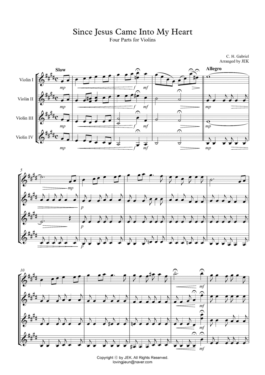 HYMN FOR VIOLIN ENSEMBLE - Since Jesus Came Into My Heart (arr. JEK)