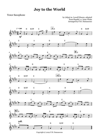Joy to the World - Tenor Saxophone Solo with Chords (arr. P.H. Damasceno)