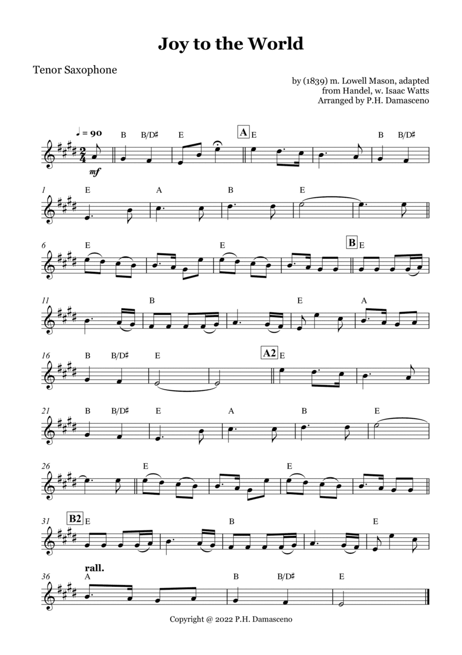 Joy to the World - Tenor Saxophone Solo with Chords (arr. P.H. Damasceno)